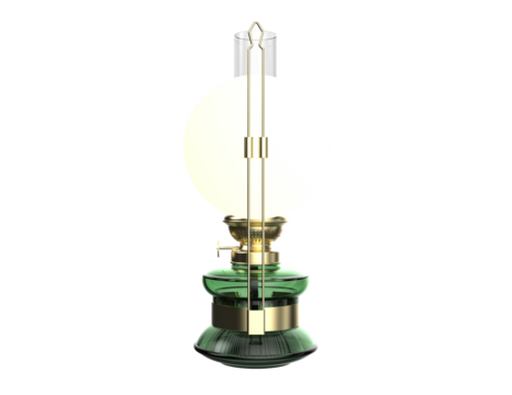 Detailed High Definition Vintage Parlor Oil Lamp Cut Out, Classic Design Kerosene Lamp with Dark Green Glass and Polished Brass, Luxury Antique Lighting Solution Isolated on Transparent Background.