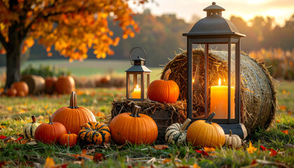 Autumn scene featuring pumpkins and lanterns against a backdrop of fall foliage and golden sunlight.