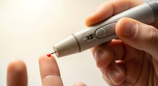 A close-up shot of a person using a lancet device to prick their finger for a blood glucose test.