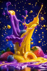 A dynamic, high-speed shot of a red juice or smoothie splashing out of a glass, with fresh strawberries and raspberries