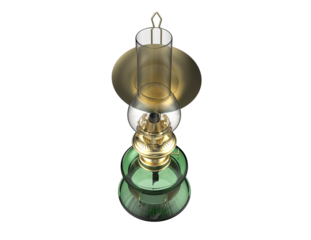 Luxurious Victorian Antique Kerosene Lamp: Photorealistic 3D Render of Green Glass and Golden Brass Light Fixture for Elegant Home Decor and Interior Design Projects, PNG Cutout.