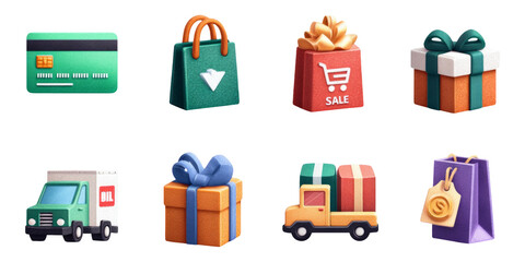 Colorful and Detailed Icons of Gifts, Bags, and Shopping Concepts for Commerce