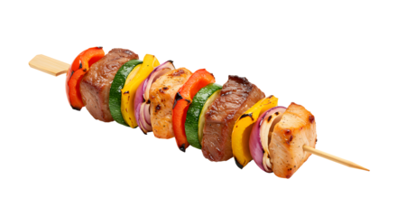 A mouthwatering skewer with colorful assorted grilled foods. A single skewer featuring meat and vegetables. A culinary delight, a fusion of flavors and textures on a stick