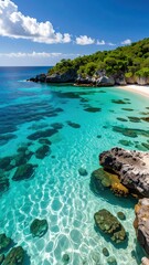 Fototapeta premium Calm Tropical Beach with Crystal Clear Water and Rocky Shoreline
