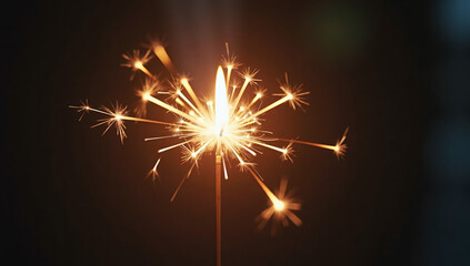 Fototapeta premium Close-up photograph of a single sparkler against a dark background. The sparkler is centered in the frame, with a bright, glowing white flame at its core. Radiating from the flame are numerous