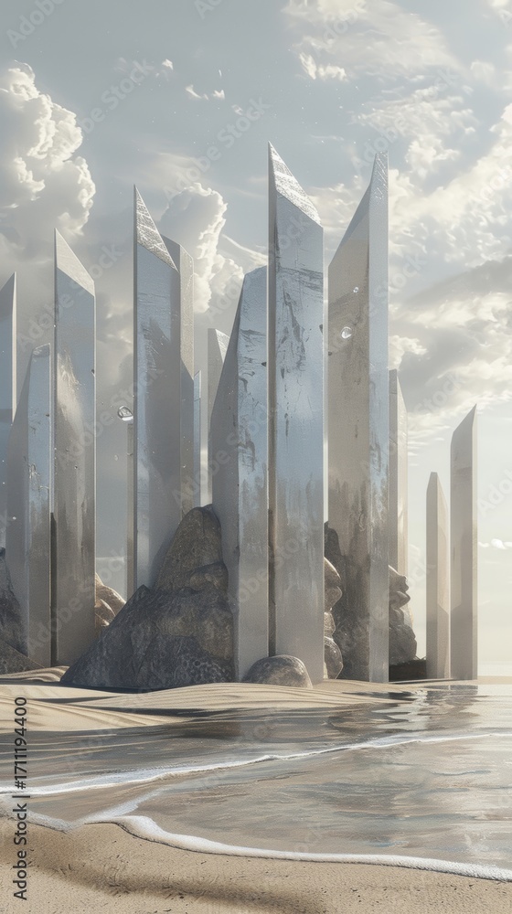 Poster a beach landscape built with sharp lines and angular shapes reminiscent of a city skyline.