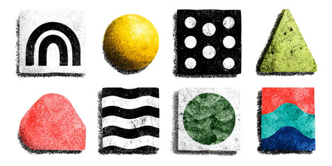 Colorful Geometric Shapes with Vintage Texture on Transparent Background