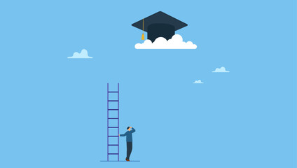 A man with too short ladder to climb to reach high graduated mortarboard on the cloud. Education cost, expensive school or university cost, education gap or scholarship opportunity.