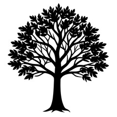 A striking silhouette of a full leafy tree against a white background