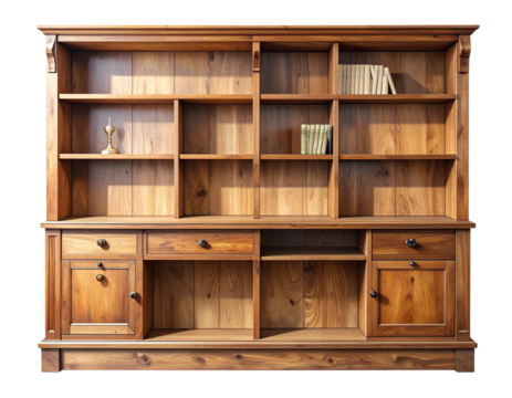 Firefly_Wooden Bookshelf with Drawers PNG – Transparent Furniture