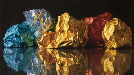 A captivating still life featuring crumpled metallic foil objects in vibrant colors, set against a reflective background.