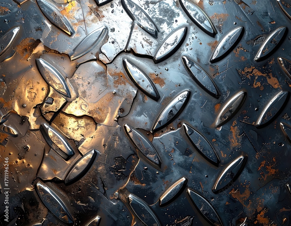 Poster metallic surface with diamond pattern and rusty texture details