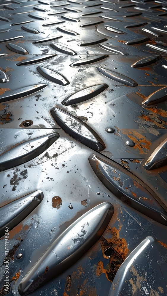 Poster close-up of textured metallic surface with rust and reflections