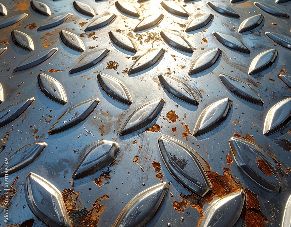 Poster rusty metallic surface with diamond pattern and reflection of light