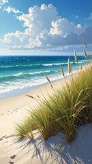 Tranquil Beach Scene with Waves and Grass Under Bright Blue Skies