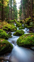 Serene Forest Stream Flowing Over Moss-Covered Rocks in Nature