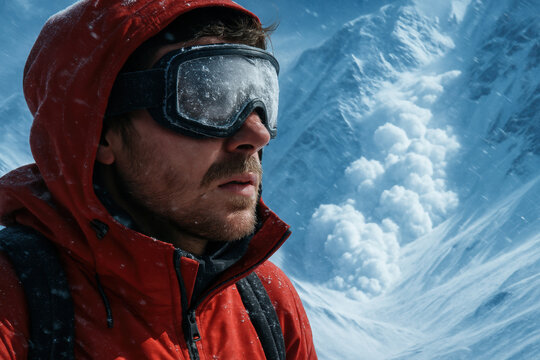 Mountaineer in red jacket observing avalanche cascading down snowy mountain slope in extreme winter alpine conditions - Powered by Adobe