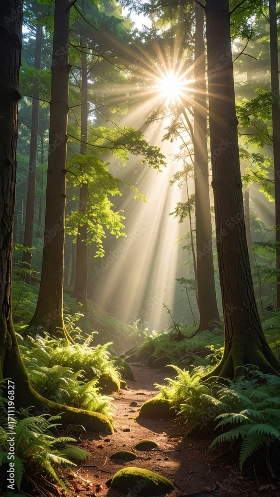 Poster sunrays illuminating a serene forest path through lush greenery