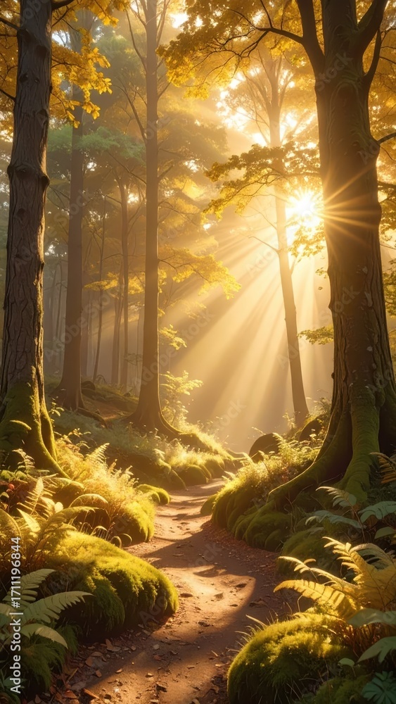 Poster enchanted forest pathway with sunlight rays and soft ferns