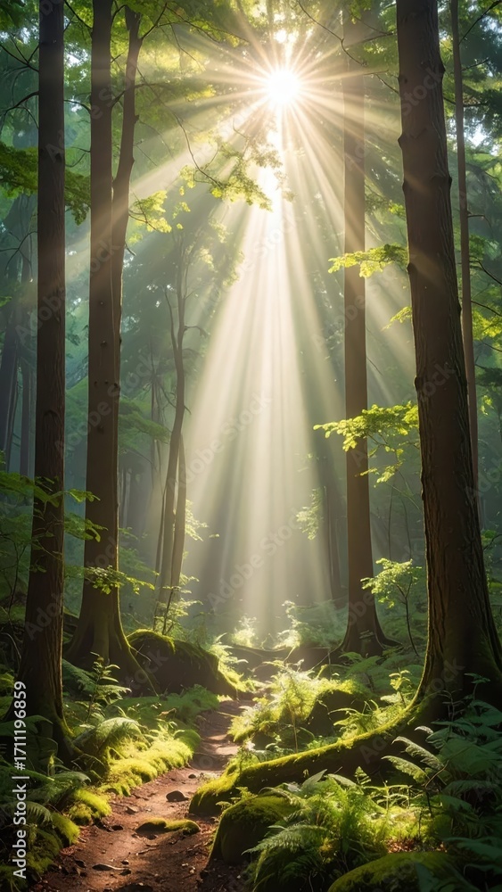 Poster sunlight streaming through trees in lush forest setting