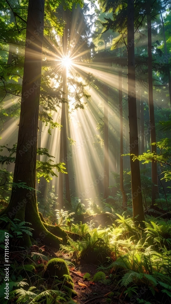 Poster sunlight streaming through trees in lush forest setting