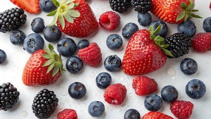 Obraz premium Ultra-High-Resolution Macro Photo of Fresh Mixed Berries — Flat Lay of Strawberries, Blueberries, Raspberries, and Blackberries with Juicy Texture in 8K Photorealistic Food Photography
