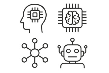 Artificial intelligence line icon set. Vector symbols for machine learning, data science, robotics. Human head with processor, CPU brain, neural network, and bot face.