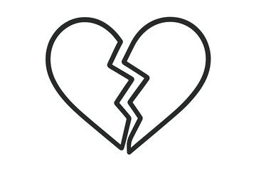 Broken heart icon symbol of heartbreak, love and relationship problem. Vector outline illustration for divorce, breakup or sadness. Linear logo for web design, app or card.