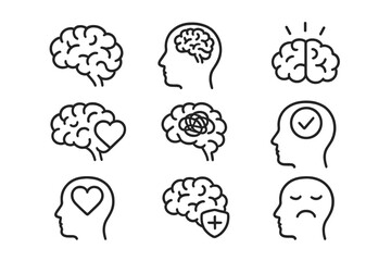 Mental health and psychology icon set. Brain, thought, and mind line icons. Concepts of depression, stress, idea, solution, love, emotion, and intelligence. Editable stroke vector.