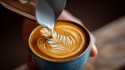 Pouring milk to create latte art in a cup