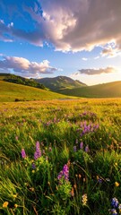 Fototapeta premium Scenic Landscape with Wildflowers Under Dramatic Clouds at Sunset