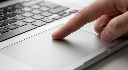 Finger touching a laptop touchpad with a keyboard visible in the background close up shot indoors