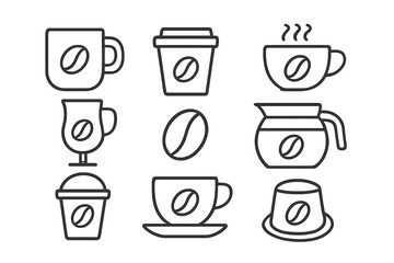 Coffee line icon set. Cafe and drink outline symbols. Vector collection of coffee cup, mug, pot, bean, and capsule pictogram for web, app, and menu design. Minimalist beverage graphic.