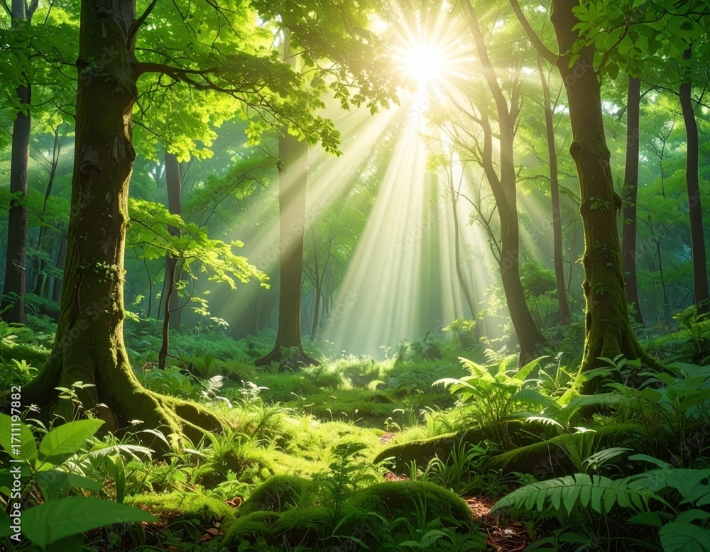 Poster sunlight filtering through lush green forest canopy in tranquil setting