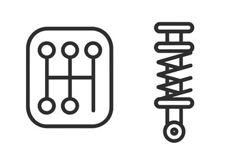 Manual transmission gear stick shift icon and car shock absorber line symbol. Automotive vehicle parts set for auto repair service. Gearbox and suspension vector signs.