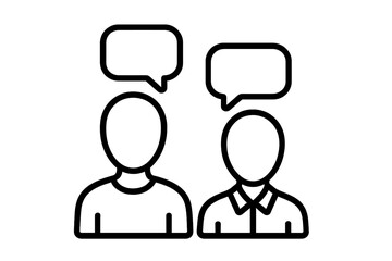 Fototapeta premium Two people talking icon. Communication, dialogue concept. Vector line art of faceless persons with speech bubbles. Business discussion, chat, meeting, or feedback symbol.