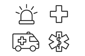 Emergency medical services icon set vector. Ambulance car, alarm siren, first aid cross, star of life symbol. Paramedic, EMS, hospital, urgent care, healthcare concept.