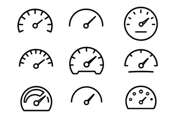 Speedometer gauge line icon set. Dashboard and meter signs for web design, apps. Vector illustration of speed, performance, tachometer, level, test, indicator symbols.