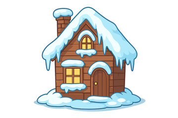 Winter house covered in snow. Cartoon vector illustration of a cozy wooden cottage with warm light in windows. Cute frozen home for Christmas holiday design isolated on white.