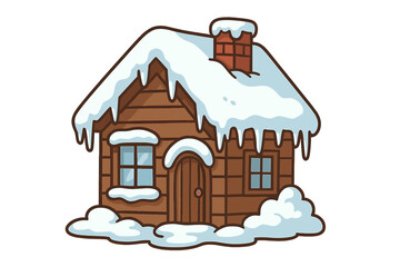 Vector cartoon illustration of a cozy wooden house covered with snow. Cute rustic winter cabin or cottage. Isolated log home for Christmas holiday design or seasonal concept.