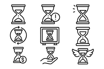 Hourglass line icon set. Time management, deadline, and urgency concepts. Vector sandglass symbols for web, apps. Time is money, time flies metaphor. Editable stroke.