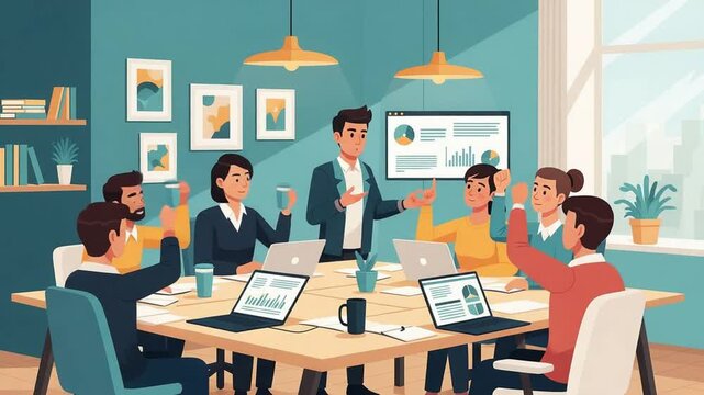 Animated Business Team in a Productive Office Meeting Presentation