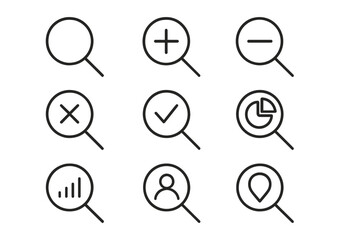 Magnifying glass thin line icon set, outline search symbols for graphic design, web apps, adverts, user interface, check, cancel, zoom, analytics, user, location icons, vector illustration