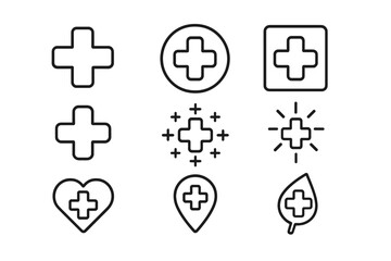 Fototapeta premium Medical cross icon set for UI and placards, editable stroke vector, hospital and healthcare symbols, medical app icons, transparent cartoon style for websites, books, cards, and applications