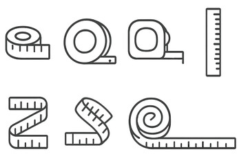 Thin line measure tape icons collection, editable stroke. Set of vector cartoon illustration rulers, tape measures in various styles for web, books, cards, apps, transparent background.