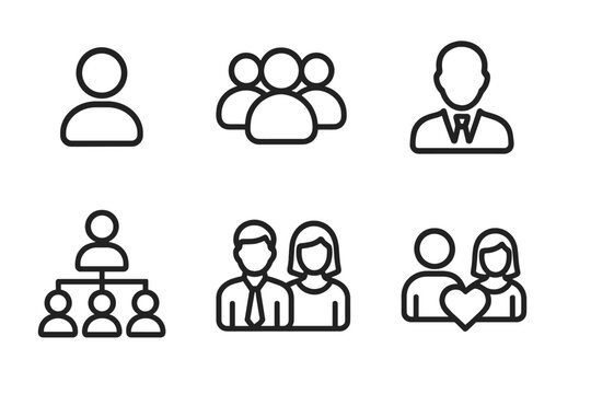 People and business relations icon set. Vector line symbols of person, user group, teamwork, manager, corporate hierarchy, organization. Professional couple, love and family.
