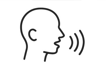 Speaking icon and communication symbol. Man talking, head profile with sound waves. Voice, speech, public speaking, and announcement concept. Vector line art illustration.