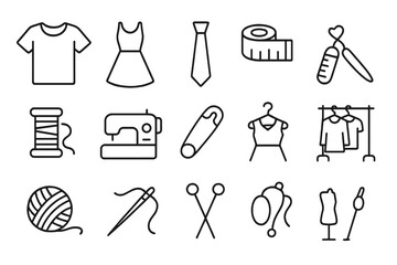 Sewing and garment icon set modern linear collection for fashion design apps, websites, cards including T-shirt, dress, tie, measuring tape, sewing machine, knitting, mannequin, rack