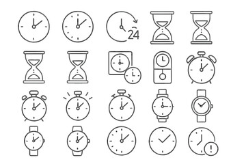 Time and Clock Icon Set, Watch and Hourglass Vector Pack, Editable Thin Line Stroke, Perfect for Web, Apps, Books, Cards, Time Management, Stopwatch, Timer, Alarm Symbols
