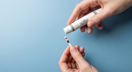 Close-up of a person's hands holding a blood glucose meter and a test strip, preparing to measure blood sugar levels.